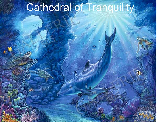 An artificial image of the ocean with the word cathedral of tranquility